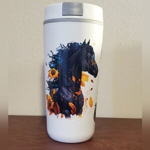 🪻3/$25 Elegant Horse themed insulated travel 20oz mug tumbler white grey lid